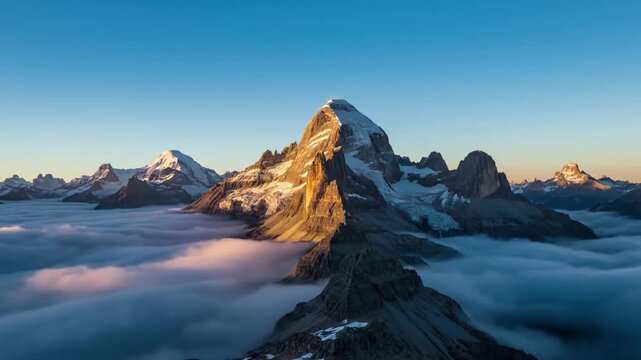 Ethereal slow motion drift of dense, wispy clouds swirling and parting around the ancient, granite spires of a towering mountain, revealing glimpses of its formidable scale.