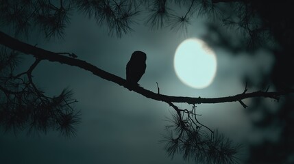Owl silhouette perched on a pine tree branch, with full moon in dark teal night sky, mysterious nature scene, copy space