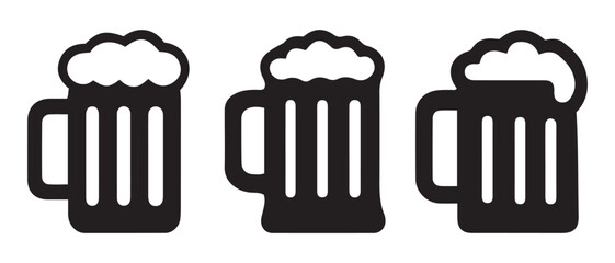black beer mugs with frothy heads, simple beverage icons.