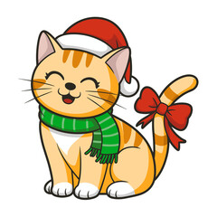 a cat smiles because he can wear his identical Christmas outfit with a green scarf, Santa Claus hat and a red ribbon on his tail