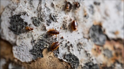Close-up view of multiple brown cockroaches crawling on a textured, weathered surface, highlighting pest infestation and the need for effective pest control solutions