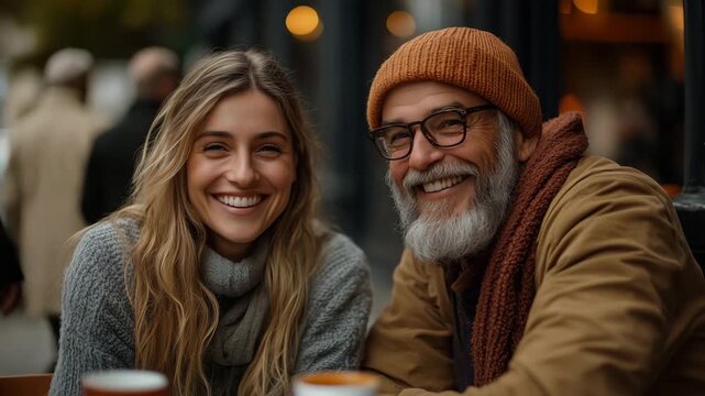 Two friends smile happily while enjoying warm drinks at a cafe on a chilly day. The cozy atmosphere invites closeness and laughter, capturing their joyful connection amid city life.
