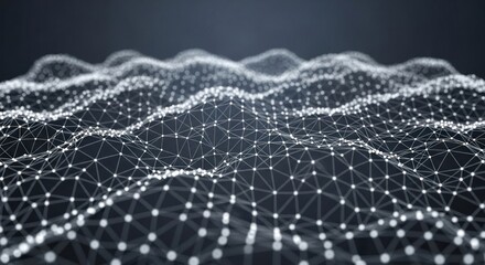Wavy digital network of glowing white dots and lines creating an interconnected surface