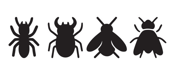 Ant, beetle, bee, fly insect vector silhouettes on white background.