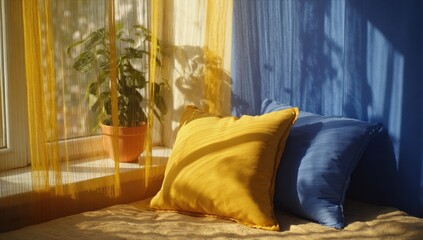 Sunlit window seat with yellow and blue pillows, a potted plant, and sheer yellow curtains casting shadows on a blue wall
