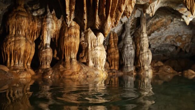 Capturing the majestic, ancient geological formations within a natural cave, emphasizing the slow, continuous process of mineral deposition over millennia.
