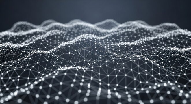 Wavy digital network of glowing white dots and lines creating an interconnected surface