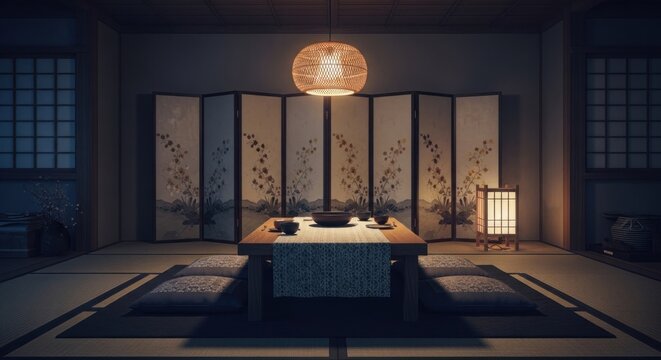 Warmly lit traditional East Asian room with low table, floor cushions, and decorative screens