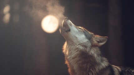 Wolf howling with breath visible, against a glowing moon in a forest, close-up wildlife scene, copy space