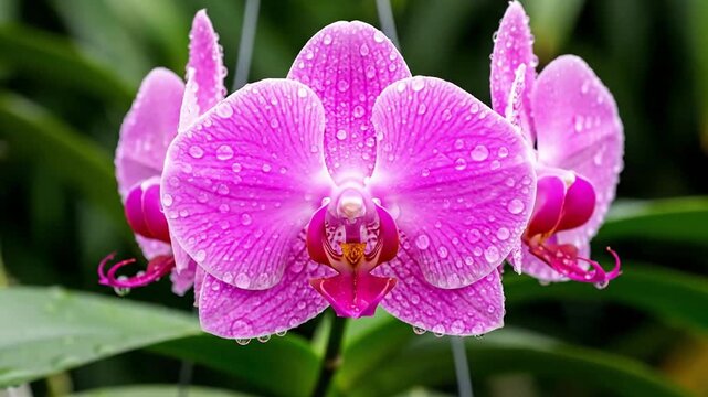 Macro exploration of a vibrant orchid bloom, highlighting intricate petal patterns, delicate stamen, and dewdrops, showcasing nature's artistry. close up detail