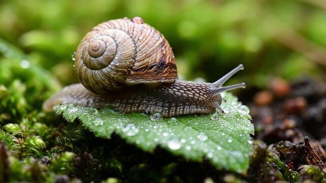 Intricate details of a snail's shell, focusing on its spiral patterns and earthy textures, nestled amongst vibrant green moss. Close up perspective emphasizing the natural artistry of the shell,?