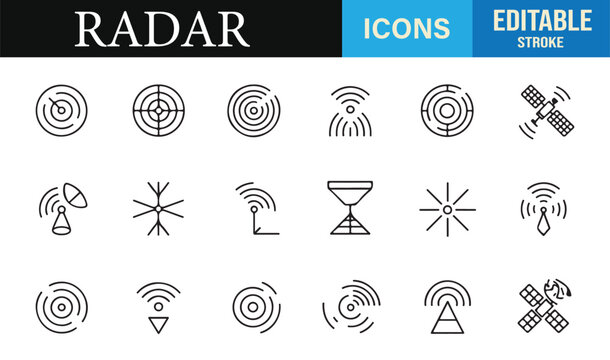 Editable stroke satellite and radar icon pack for communication and detection graphics
