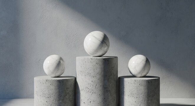 White marble spheres atop varied concrete plinths against a textured grey wall - Powered by Adobe
