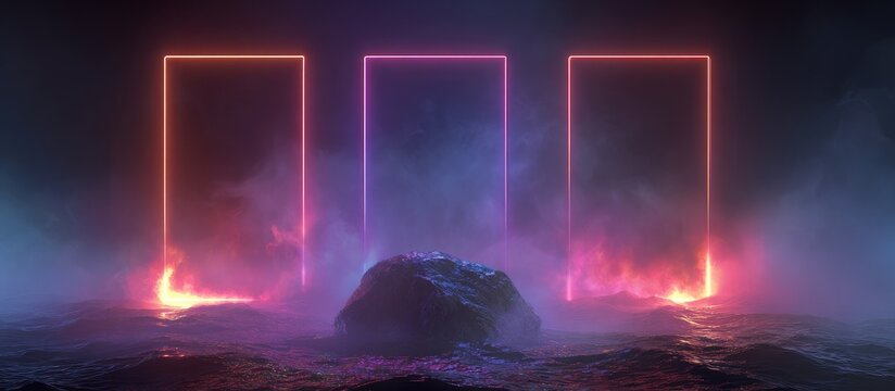 Three glowing neon rectangular frames flank a dark rock on a misty, fiery, and dark landscape
