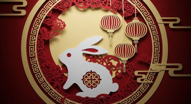 White rabbit with red paper-cut decorations, striped lanterns, and gold circular frame