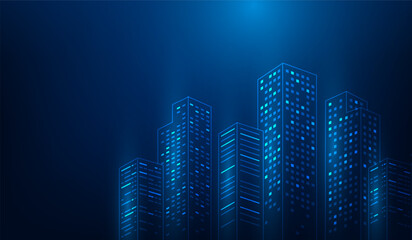 building smart city digital technology blue background. network system buildings skyscraper dot line. real estate innovation modern. vector illustration fantastic technology