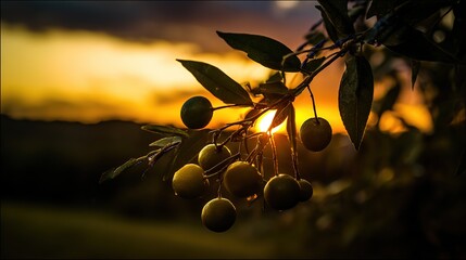Fruits hanging on a tree branch, with sun setting in golden sky, fresh nature scene, copy space