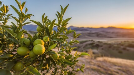Limes on a tree branch, with sunset over mountainous landscape, fresh citrus fruit scene, copy space