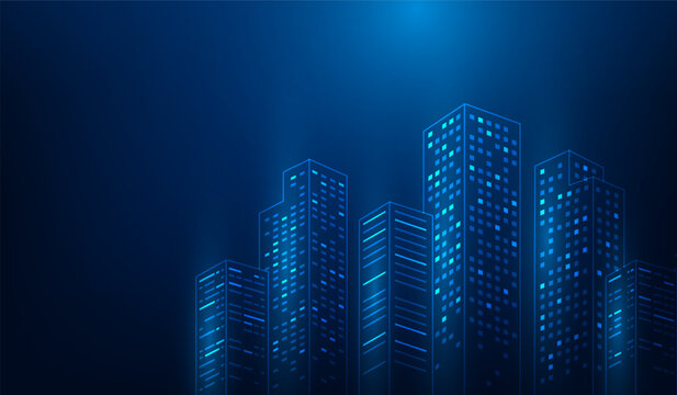 building smart city digital technology blue background. network system buildings skyscraper dot line. real estate innovation modern. vector illustration fantastic technology