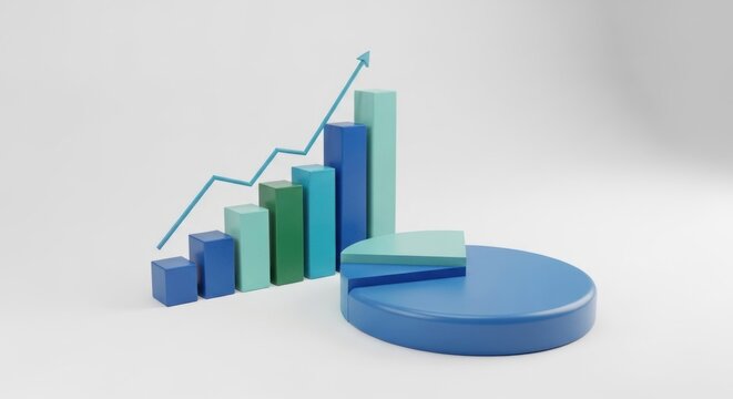 3D bar chart with rising arrow and pie chart on a white background, representing data