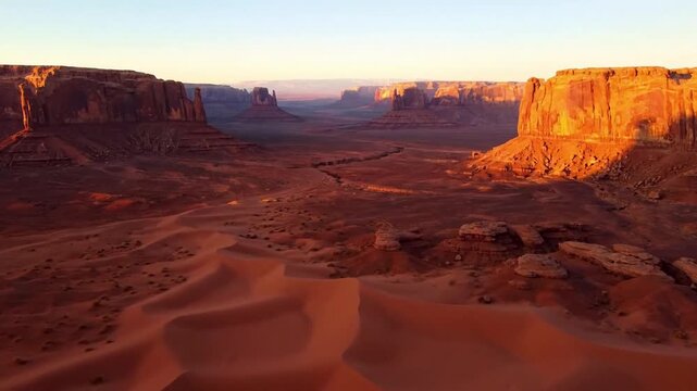 Expansive panoramic shot revealing the intricate patterns of wind sculpted sand dunes stretching towards the distant horizon under a vast, open sky, emphasizing natural untouched beauty.