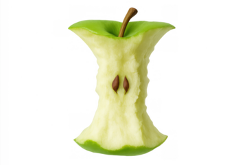 Green apple core with seeds and eaten flesh, depicting food waste and organic leftovers on transparent background