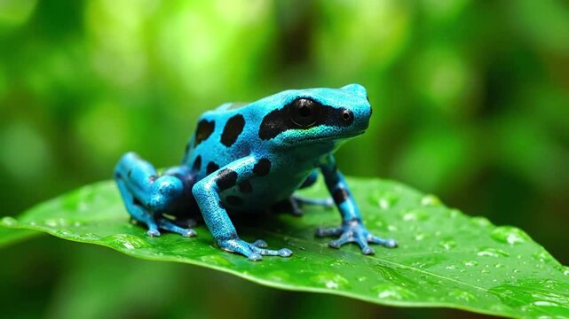 A detailed macro shot highlighting the intricate skin texture and vibrant coloration of a dart frog, camouflaged amongst lush, wet tropical foliage. Focus on extreme close up, revealing the unique?