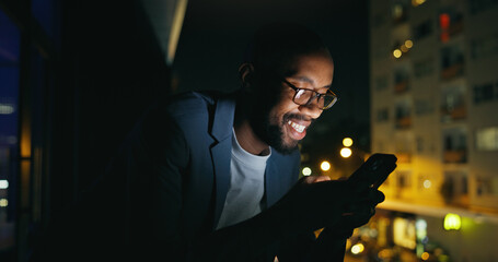 Night, businessman and typing with phone on balcony for trading account, economy news and bokeh....