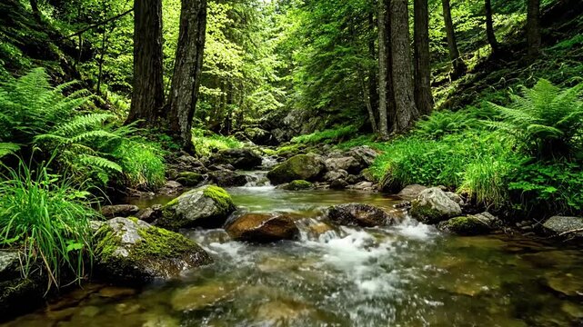 Dynamic water flow through a natural environment, showcasing the varied currents and textures as it navigates obstacles. Capturing the raw power and gentle undulations of water in an untouched?