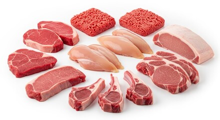 Assortment of fresh raw meat cuts on white background studio shot