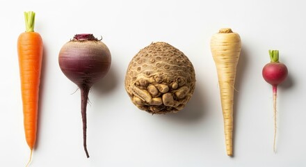 Studio shot of fresh, colorful root vegetables arranged on a white background