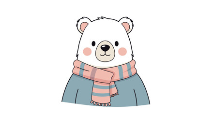 Cute cartoon polar bear wearing a pink striped scarf and a blue sweater, with rosy cheeks, on a white background.
