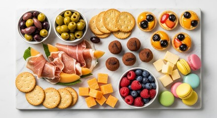 Delicious charcuterie board with assorted delicacies, perfect for sharing and celebration, a gourmet delight on marble surface
