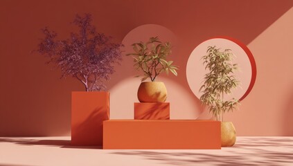 Three potted plants on terracotta platforms against a muted orange wall with two large circular cutouts, casting shadows