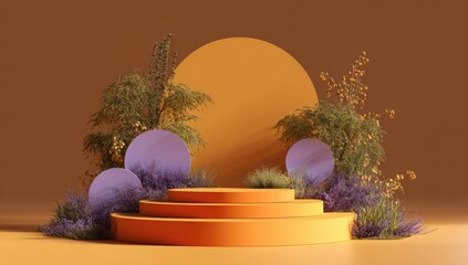 Three-tiered orange podium encircled by lavender, grasses, and branches, set against a muted orange backdrop featuring large, pale purple and orange circles