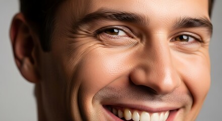 Close-up portrait of a smiling man with bright eyes and a confident expression, capturing a moment of genuine happiness