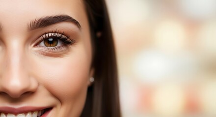 Close-up portrait of a smiling young woman, highlighting her beautiful brown eye, perfectly shaped eyebrow, and radiant skin, symbolizing natural beauty and youthful happiness