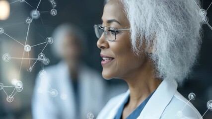 Network of connections with digital icons highlights senior professional in a modern setting, network of connections with icons over storm - Powered by Adobe