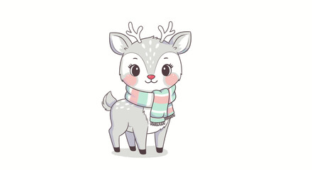 Cute cartoon deer with a scarf, standing on a white background, looking adorable.