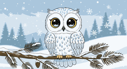 A cute, fluffy white owl with big, expressive eyes sits perched on a snow-covered branch in a winter forest. © Asap