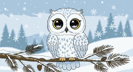 Fototapete Rund Eulen A cute, fluffy white owl with big, expressive eyes sits perched on a snow-covered branch in a winter forest.  © Asap