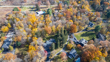 Residential area in Newburgh NY framed by peak fall foliage and tree-lined streets, showcasing quiet suburban homes and symmetry from above with natural autumn color and texture details.
