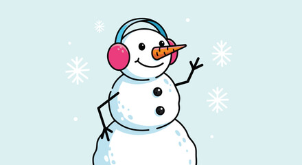 A cheerful cartoon snowman wearing pink earmuffs waves hello amidst falling snowflakes on a light blue background.