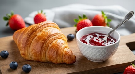 Delicious breakfast scene with croissant, jam and fresh berries composition