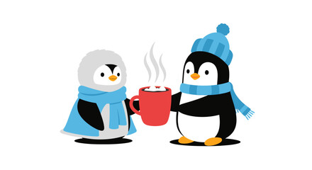 Two cute cartoon penguins in winter clothes sharing a steaming red mug of hot chocolate on a white background.