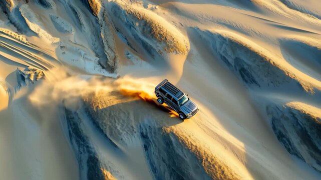 Exploration of rugged terrain by a truck in Yuma Desert at sunset, Aerial view of a truck in Yuma Desert