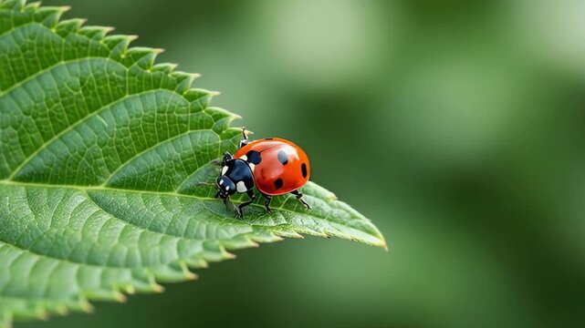 A vibrant red ladybug with distinctive black spots slowly navigates the textured surface of a fresh green leaf. The intricate veins and serrated edges of the foliage are clearly visible, creating a be
