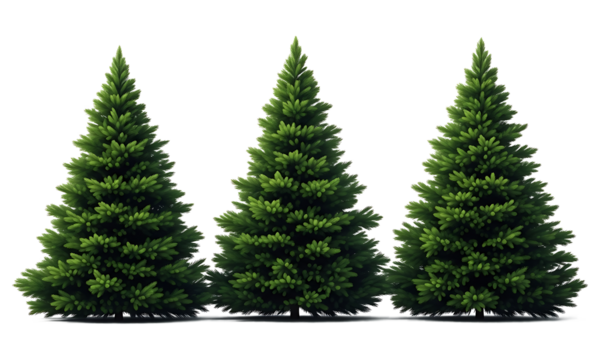 Three realistic evergreen fir trees on a transparent background, perfect for holiday decorations and winter scenes