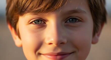 Close-up Portrait of a Young Boy's Face with Bright Blue Eyes and a Gentle Smile
