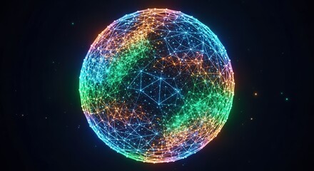 Abstract Digital Sphere Network Globe with Colorful Lights and Connections.